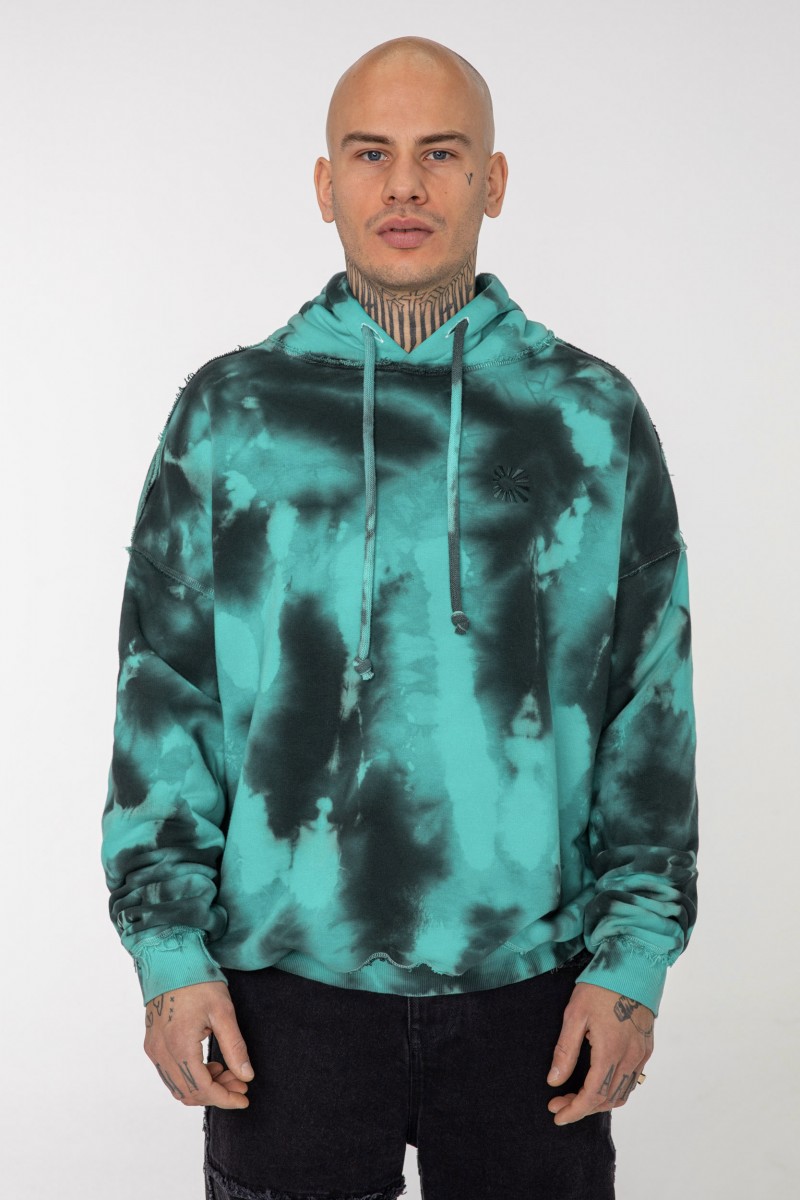 BLACK AND TURQUOISE GERMENT DYED HOODIE