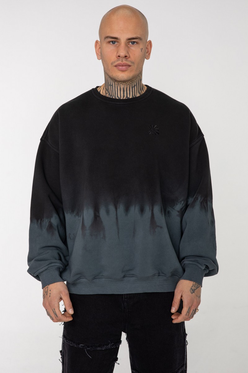 BLACK AND GREY GERMENT DYED CREWNECK